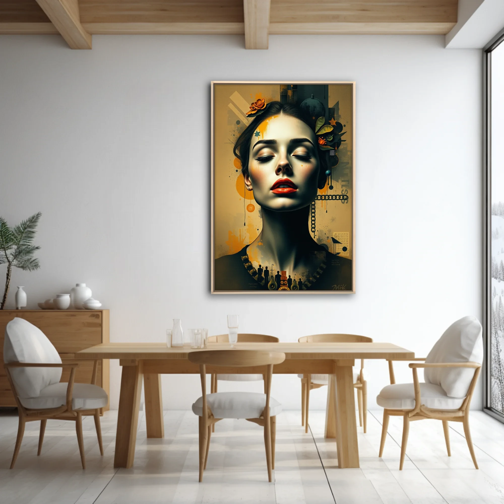 Dreamlike mixed-media woman portrait, amber palette, red lips, botanical collage