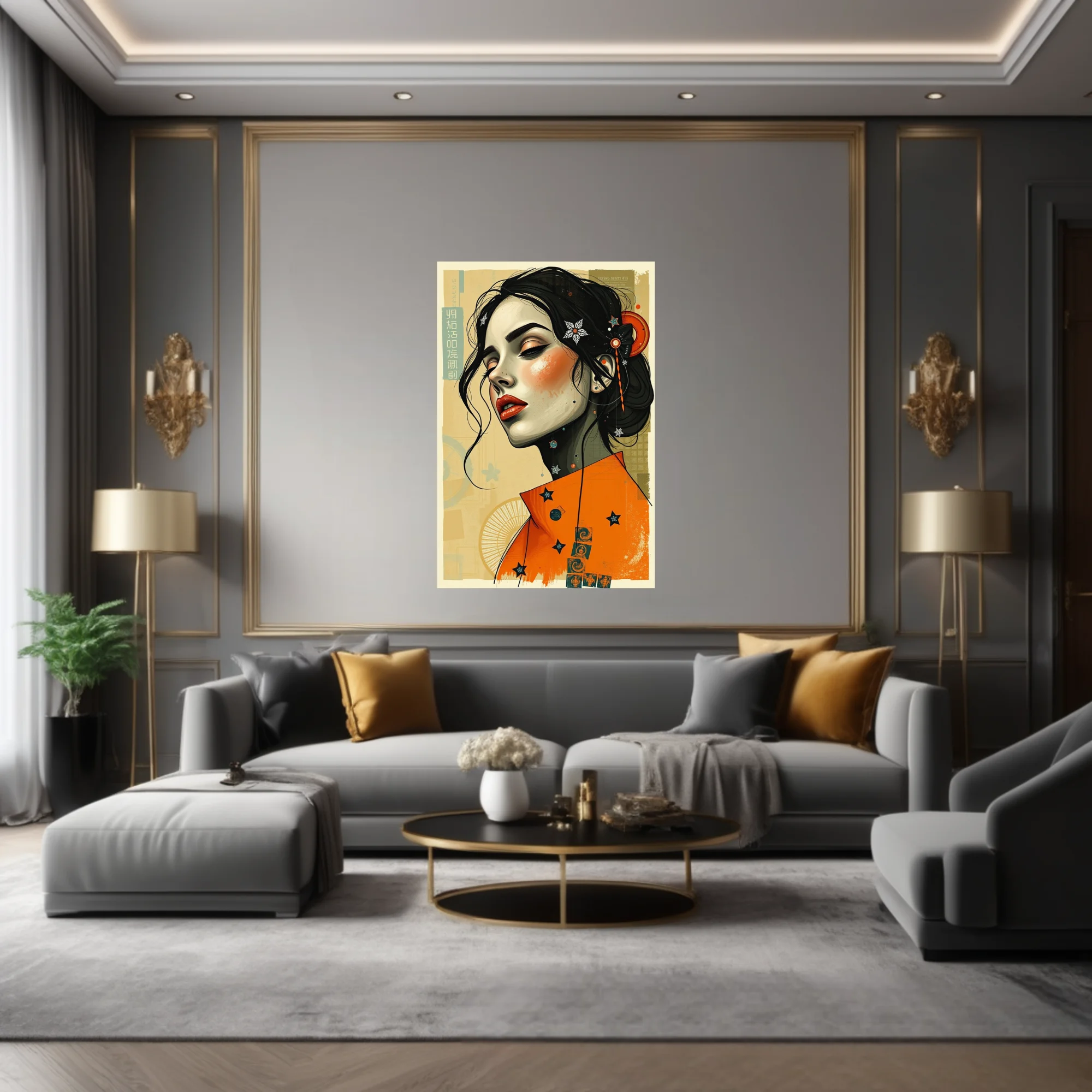 Stylized portrait illustration, orange and black palette, East Asian collage aesthetic