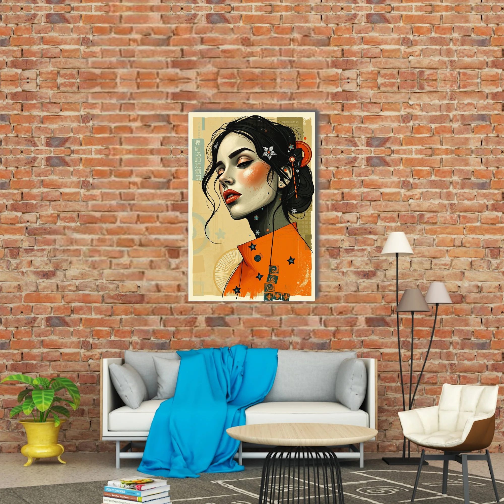 Stylized portrait illustration, orange and black palette, East Asian collage aesthetic