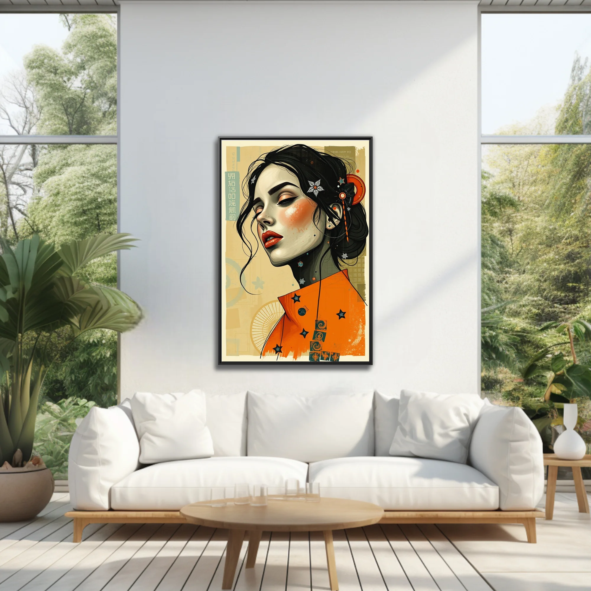 Stylized portrait illustration, orange and black palette, East Asian collage aesthetic