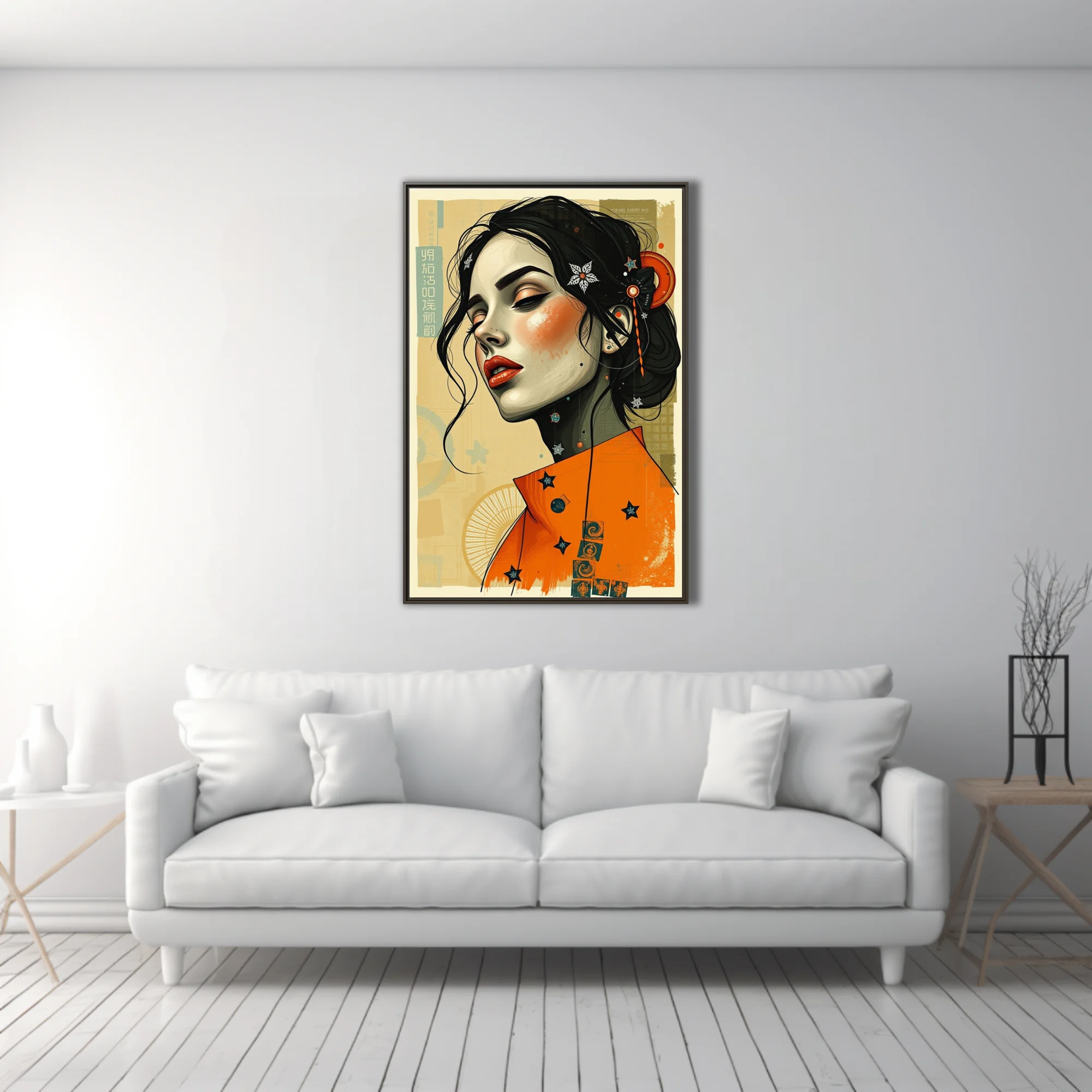 Stylized portrait illustration, orange and black palette, East Asian collage aesthetic
