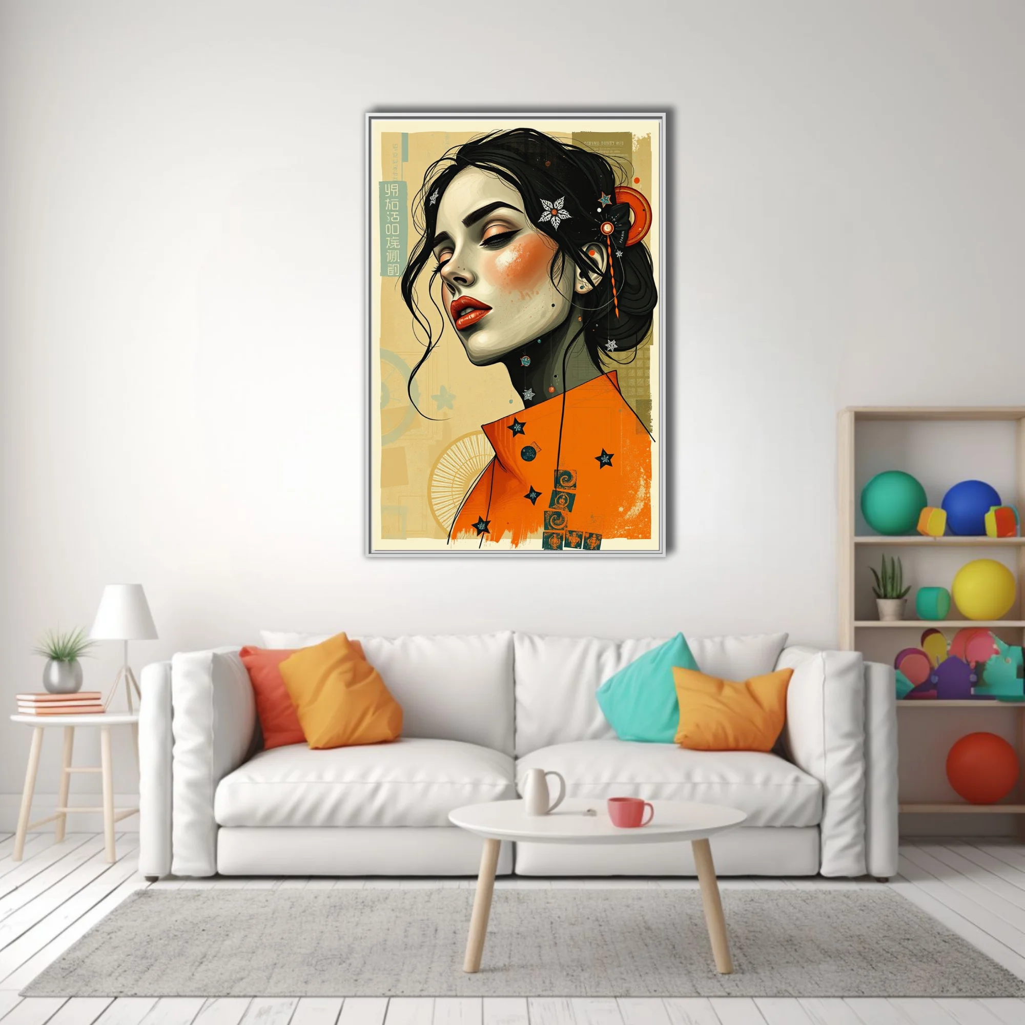 Stylized portrait illustration, orange and black palette, East Asian collage aesthetic