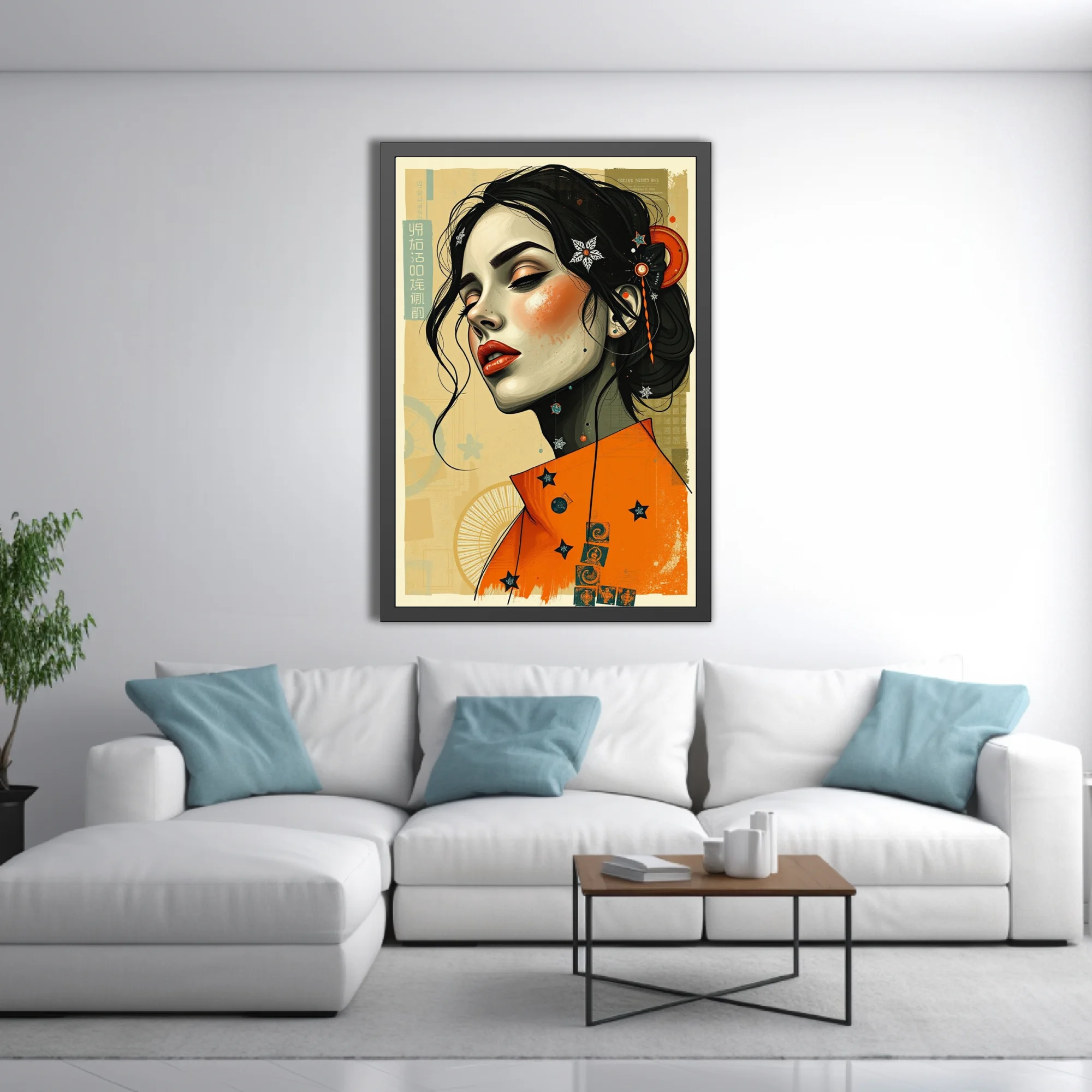 Stylized portrait illustration, orange and black palette, East Asian collage aesthetic