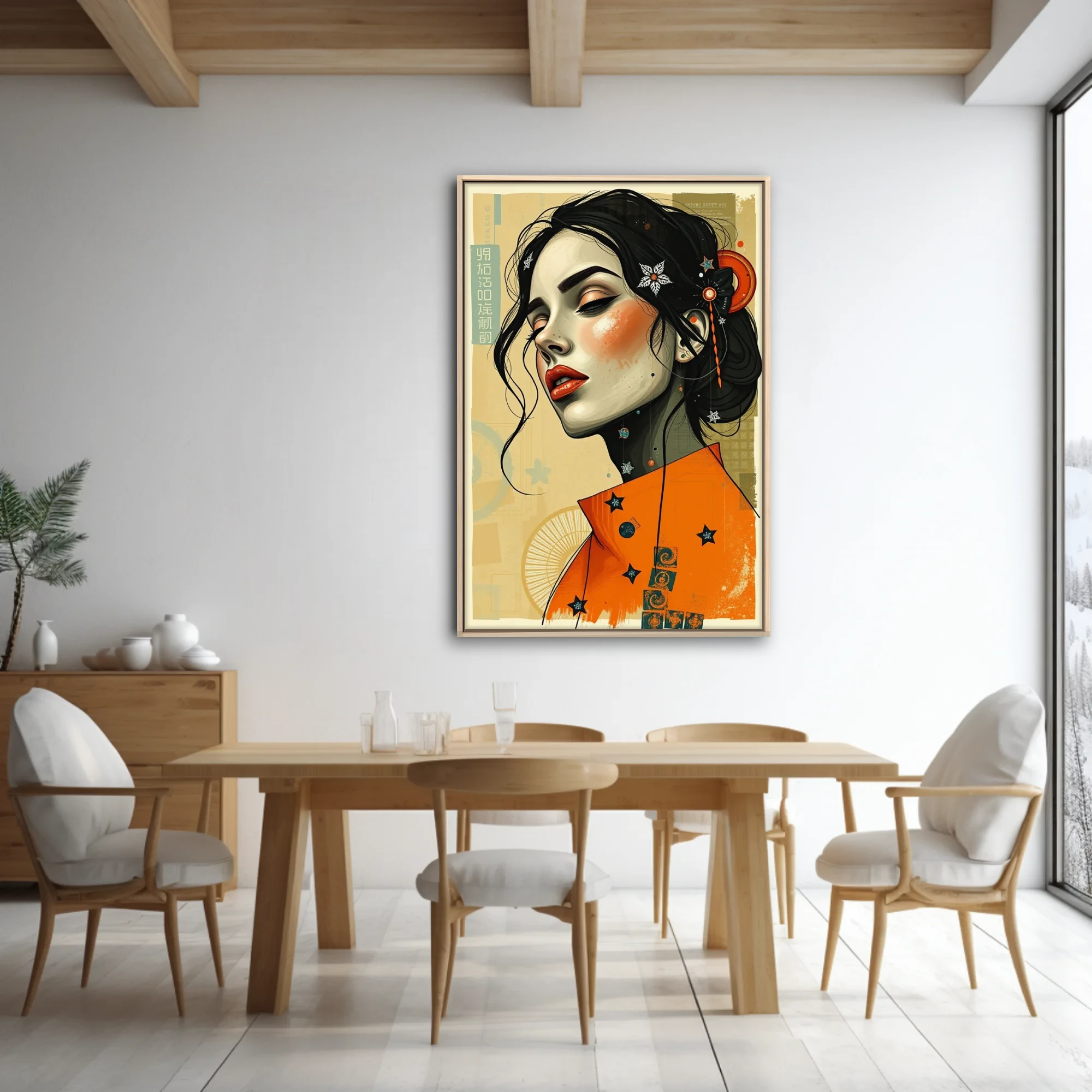 Stylized portrait illustration, orange and black palette, East Asian collage aesthetic