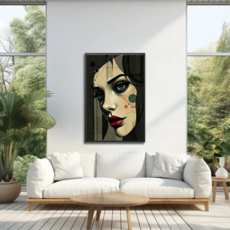 Abstract female portrait with red lips, green eyes, geometric overlays, dark moody palette