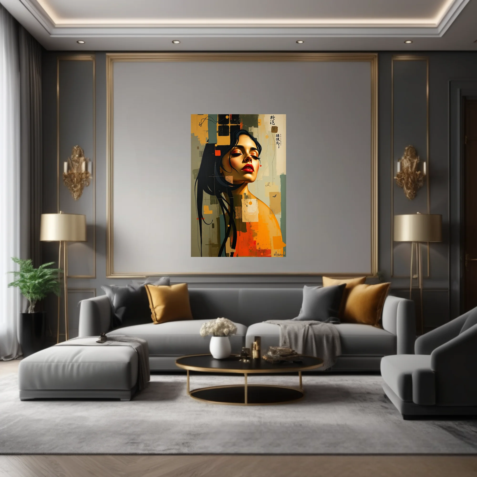 Stylized portrait of a woman with red lips, ochre and slate abstract collage background
