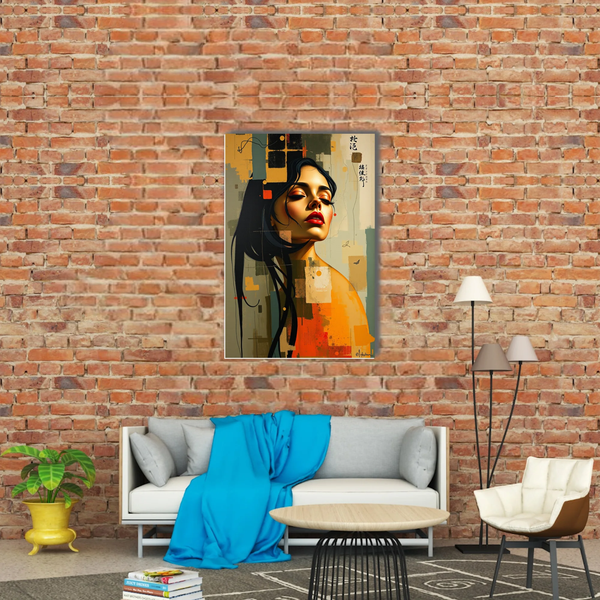 Stylized portrait of a woman with red lips, ochre and slate abstract collage background