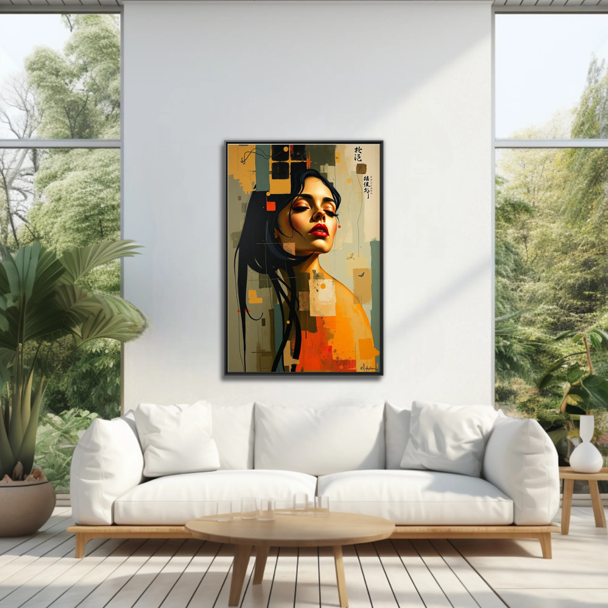Stylized portrait of a woman with red lips, ochre and slate abstract collage background