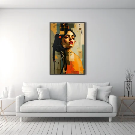 Stylized portrait of a woman with red lips, ochre and slate abstract collage background