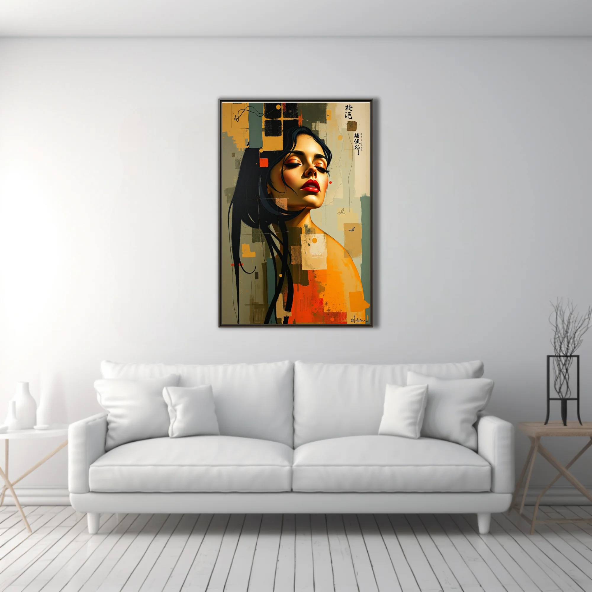 Stylized portrait of a woman with red lips, ochre and slate abstract collage background