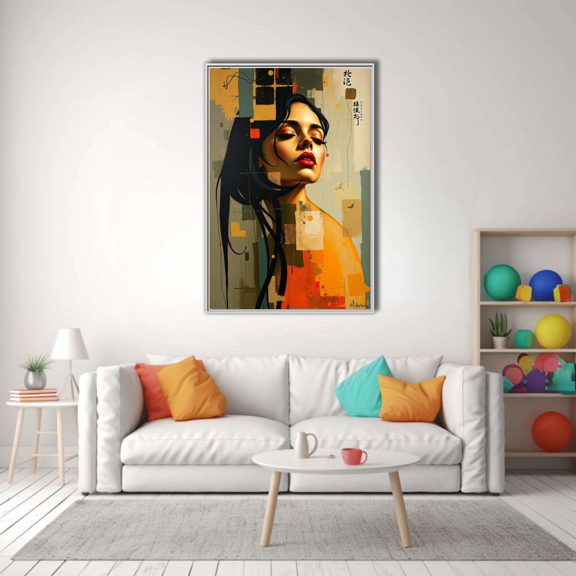 Stylized portrait of a woman with red lips, ochre and slate abstract collage background