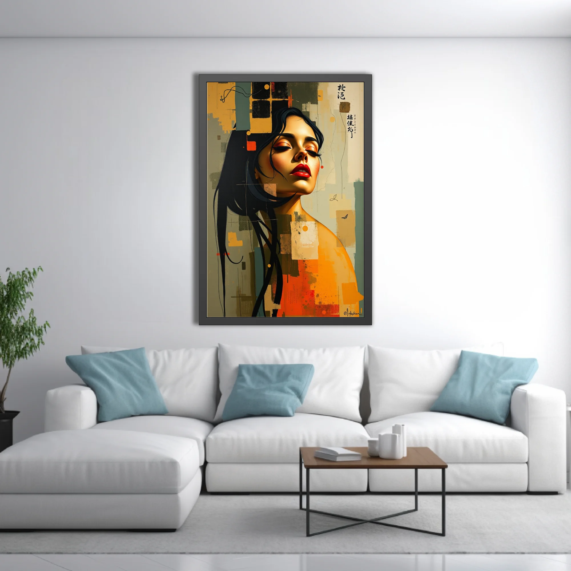 Stylized portrait of a woman with red lips, ochre and slate abstract collage background