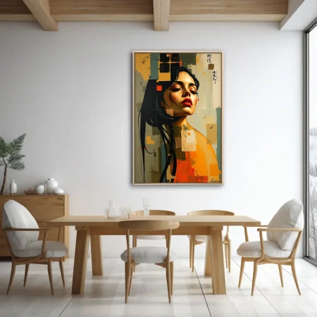 Stylized portrait of a woman with red lips, ochre and slate abstract collage background