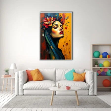 Contemporary folk-style portrait of a serene woman with floral crown, saffron and teal palette