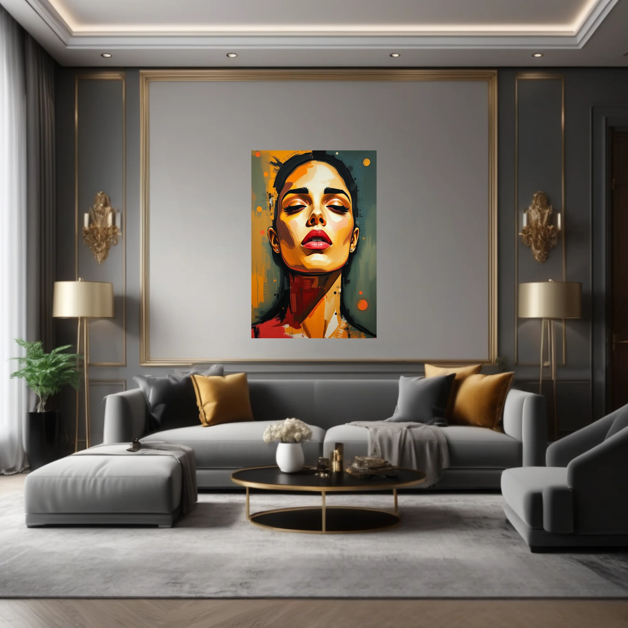 Stylized contemporary portrait of a woman in amber, ochre, and red tones with bold painterly strokes