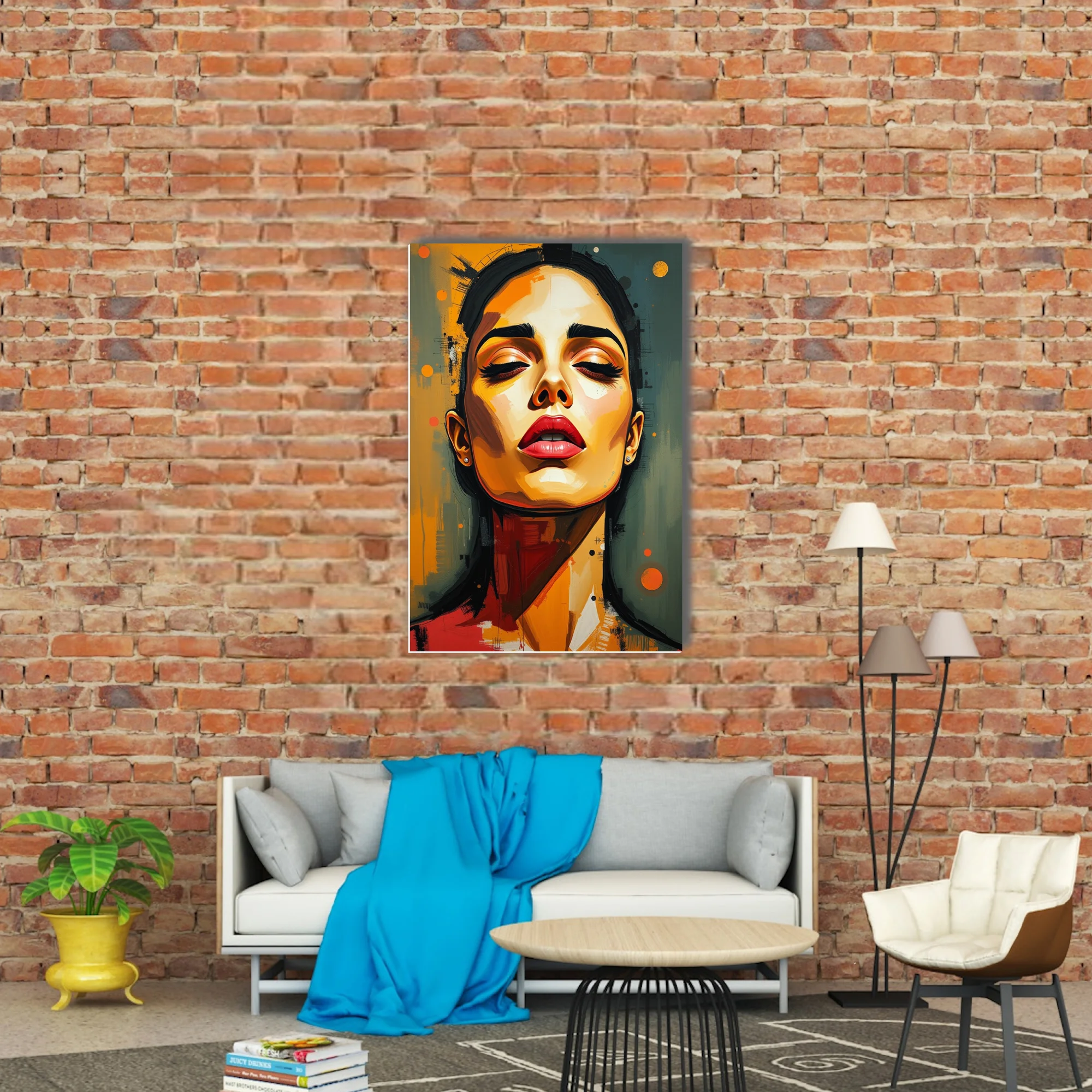 Stylized contemporary portrait of a woman in amber, ochre, and red tones with bold painterly strokes