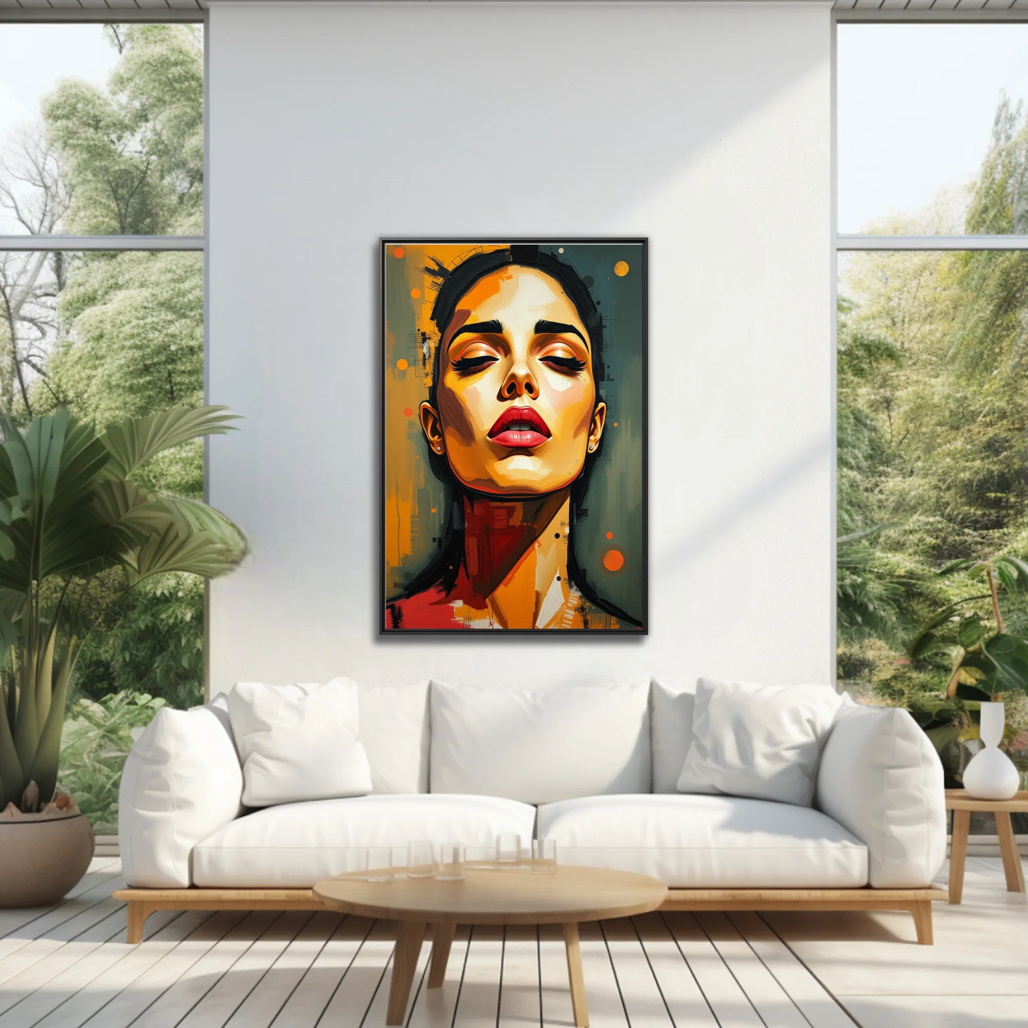 Stylized contemporary portrait of a woman in amber, ochre, and red tones with bold painterly strokes