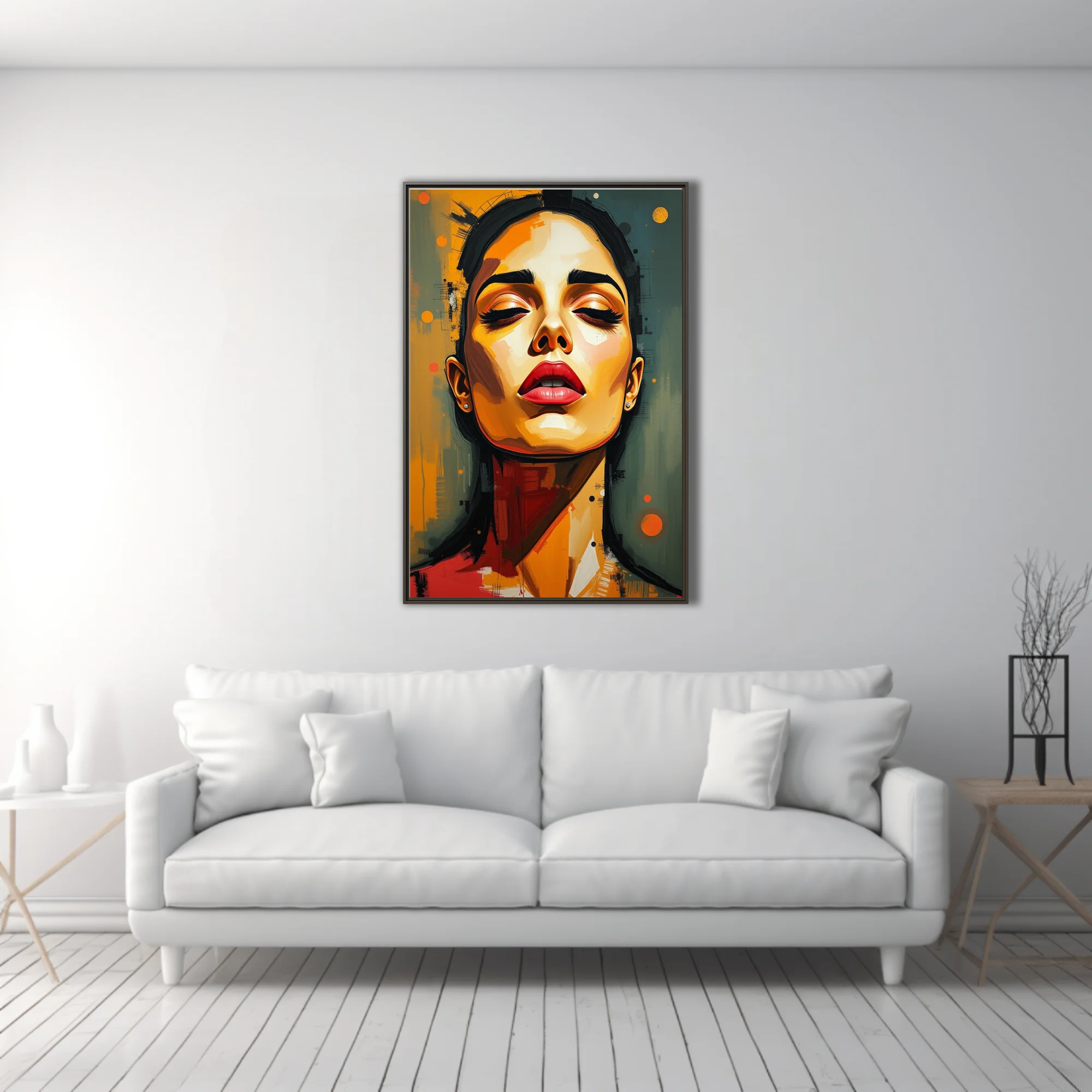 Stylized contemporary portrait of a woman in amber, ochre, and red tones with bold painterly strokes