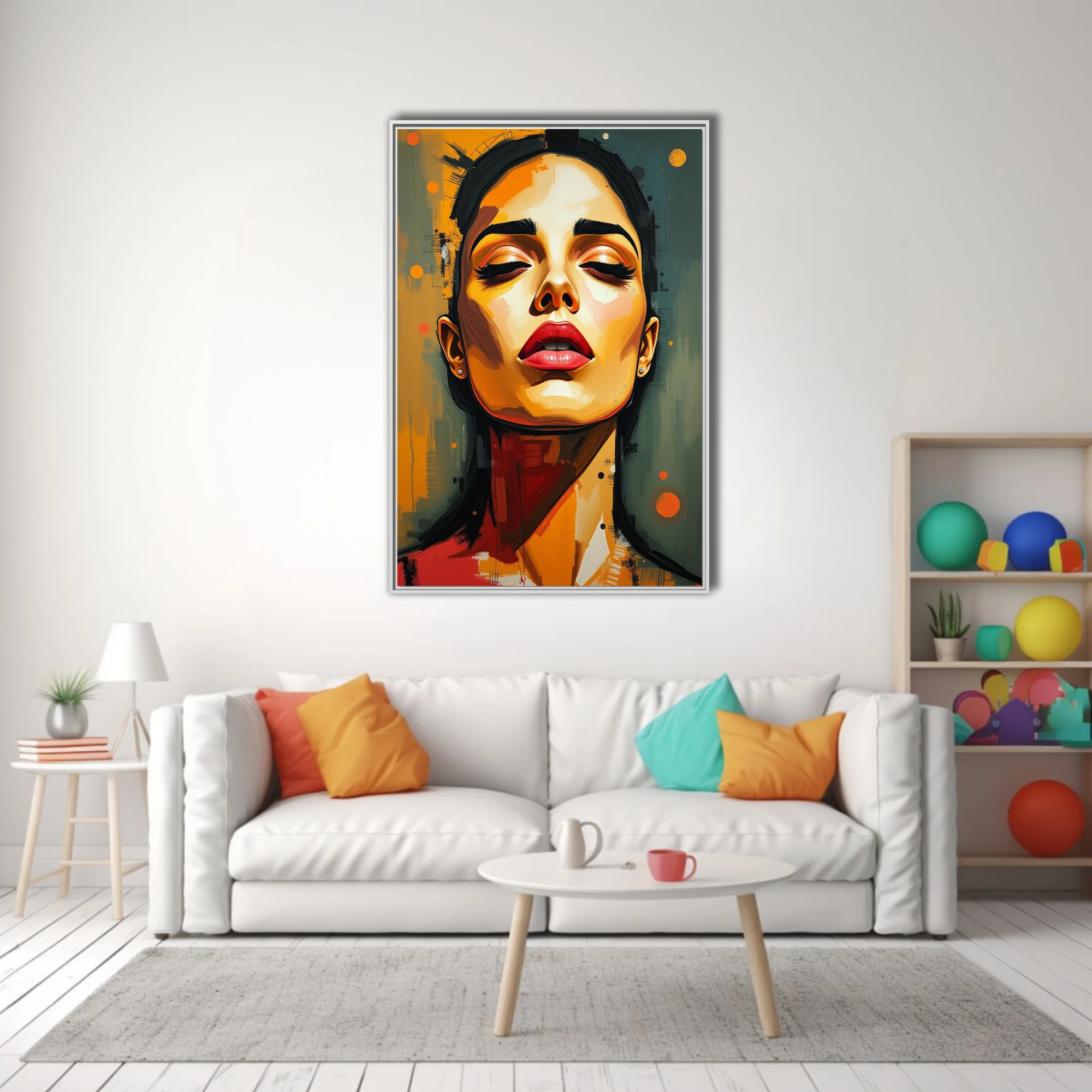 Stylized contemporary portrait of a woman in amber, ochre, and red tones with bold painterly strokes
