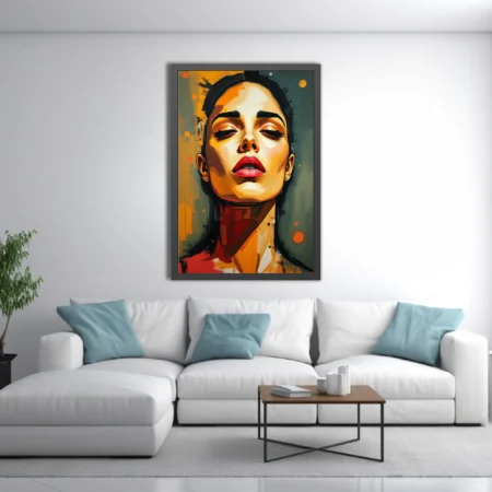 Stylized contemporary portrait of a woman in amber, ochre, and red tones with bold painterly strokes