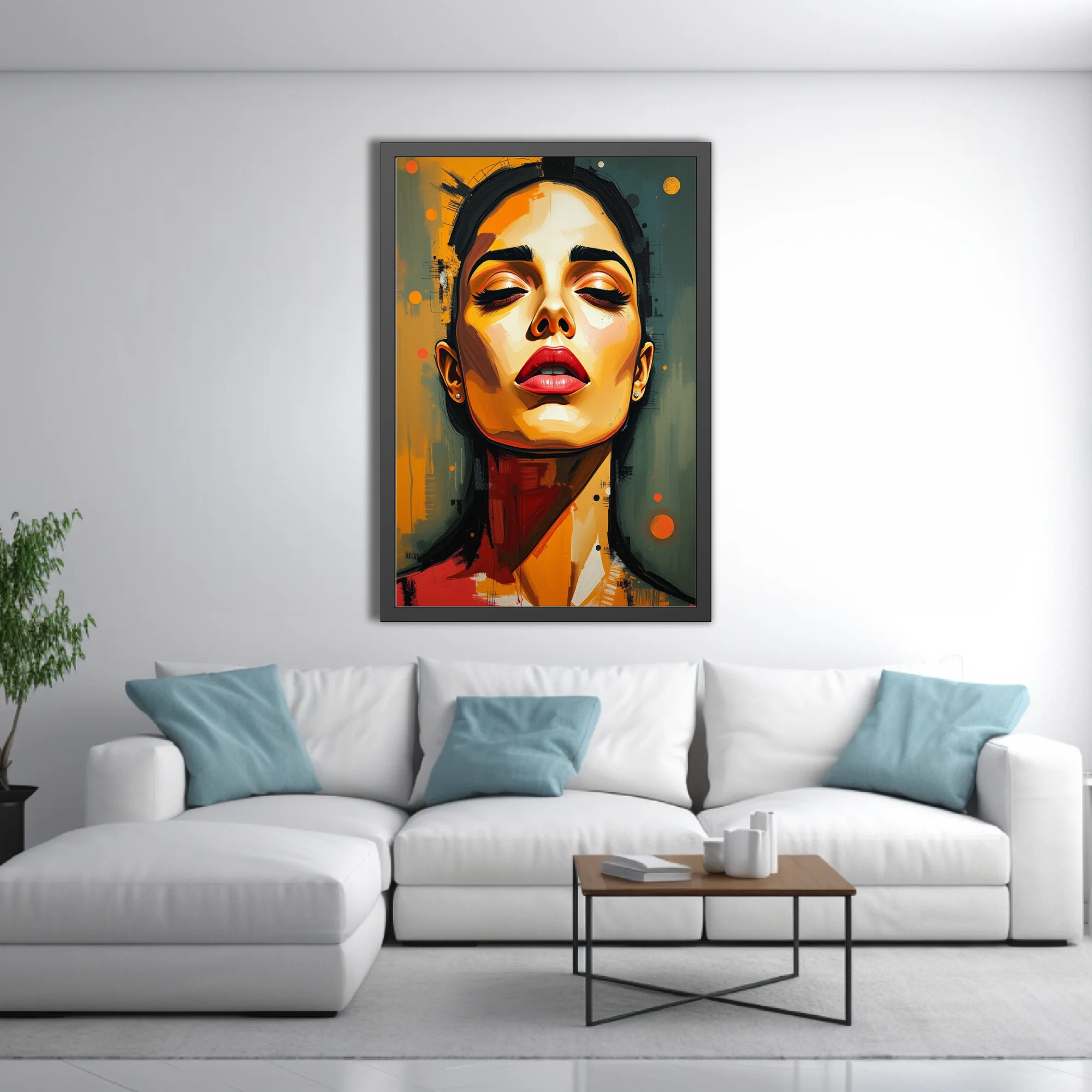 Stylized contemporary portrait of a woman in amber, ochre, and red tones with bold painterly strokes