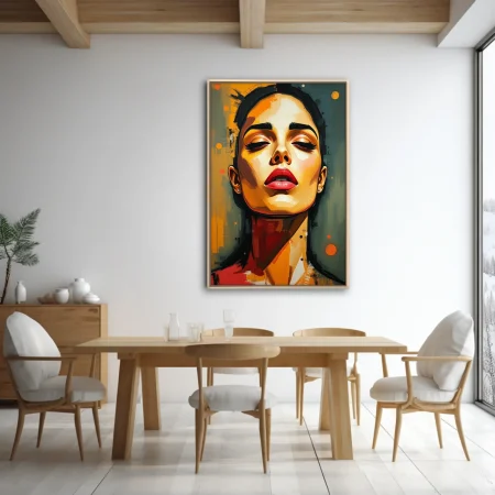Stylized contemporary portrait of a woman in amber, ochre, and red tones with bold painterly strokes