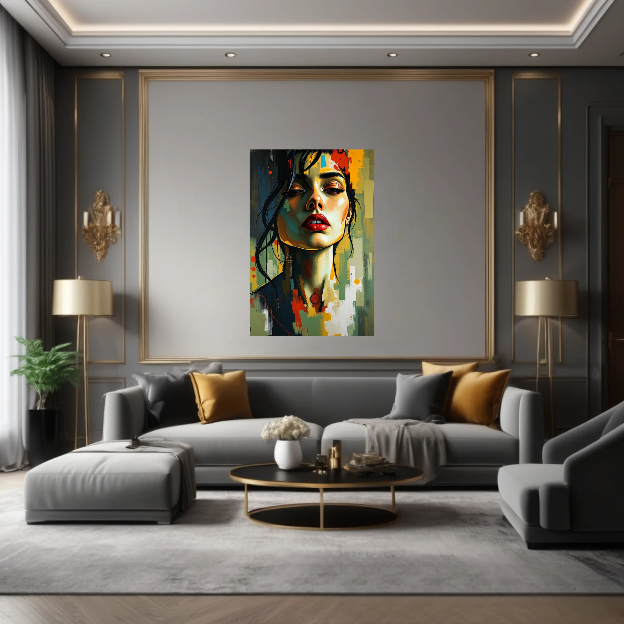 Bold contemporary portrait of a woman with red lips, painterly strokes and vivid color blocks