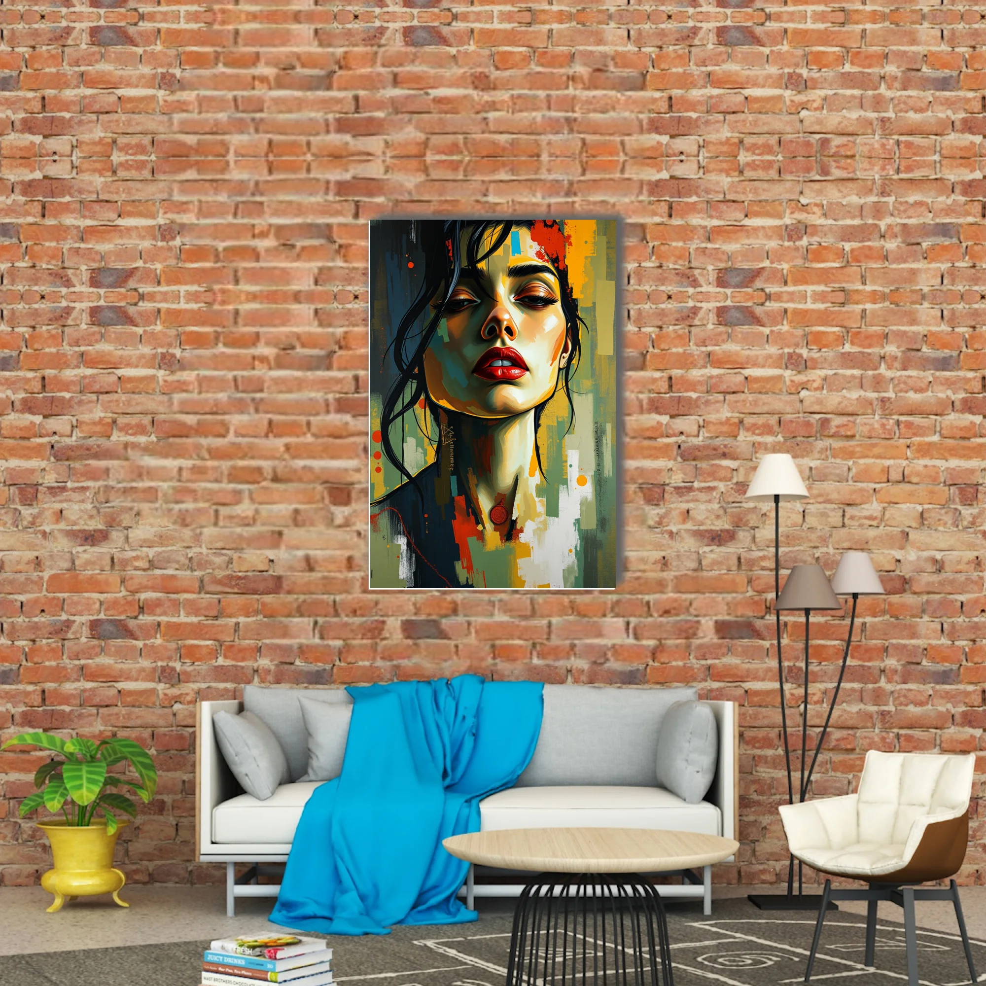 Bold contemporary portrait of a woman with red lips, painterly strokes and vivid color blocks
