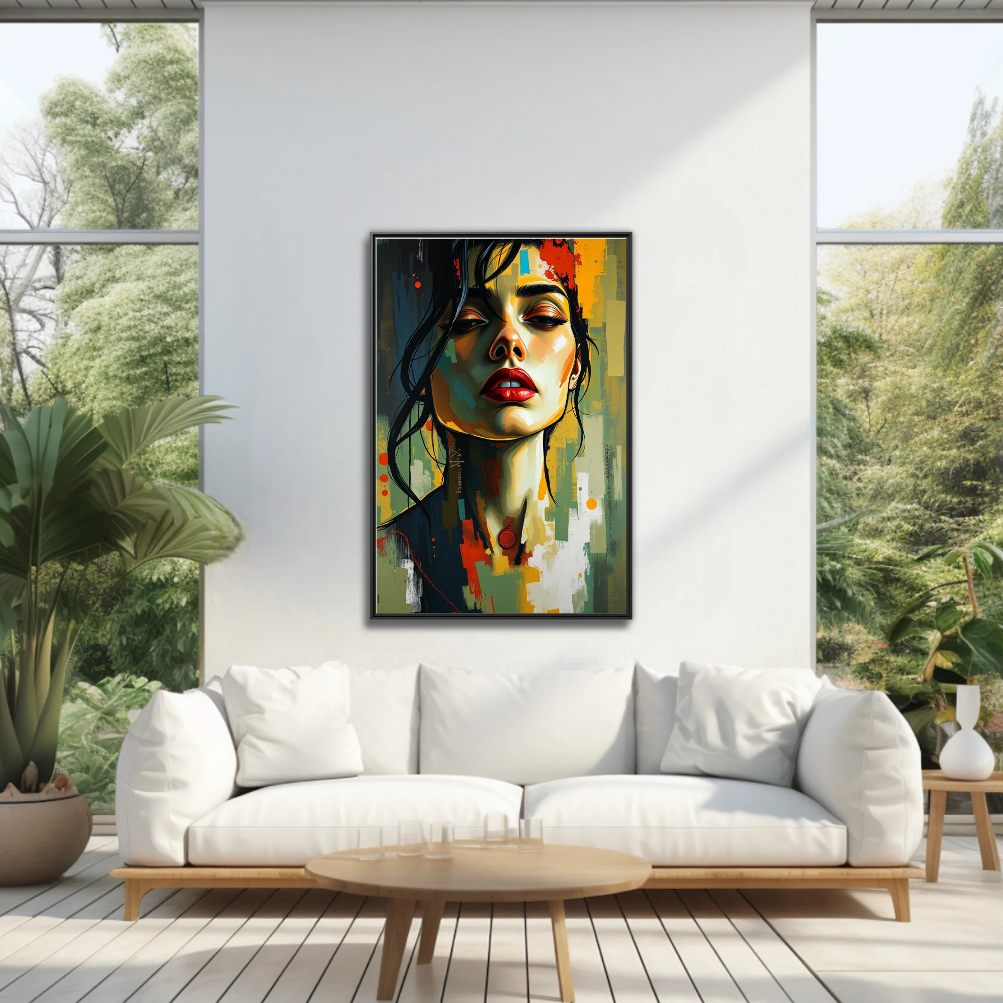 Bold contemporary portrait of a woman with red lips, painterly strokes and vivid color blocks