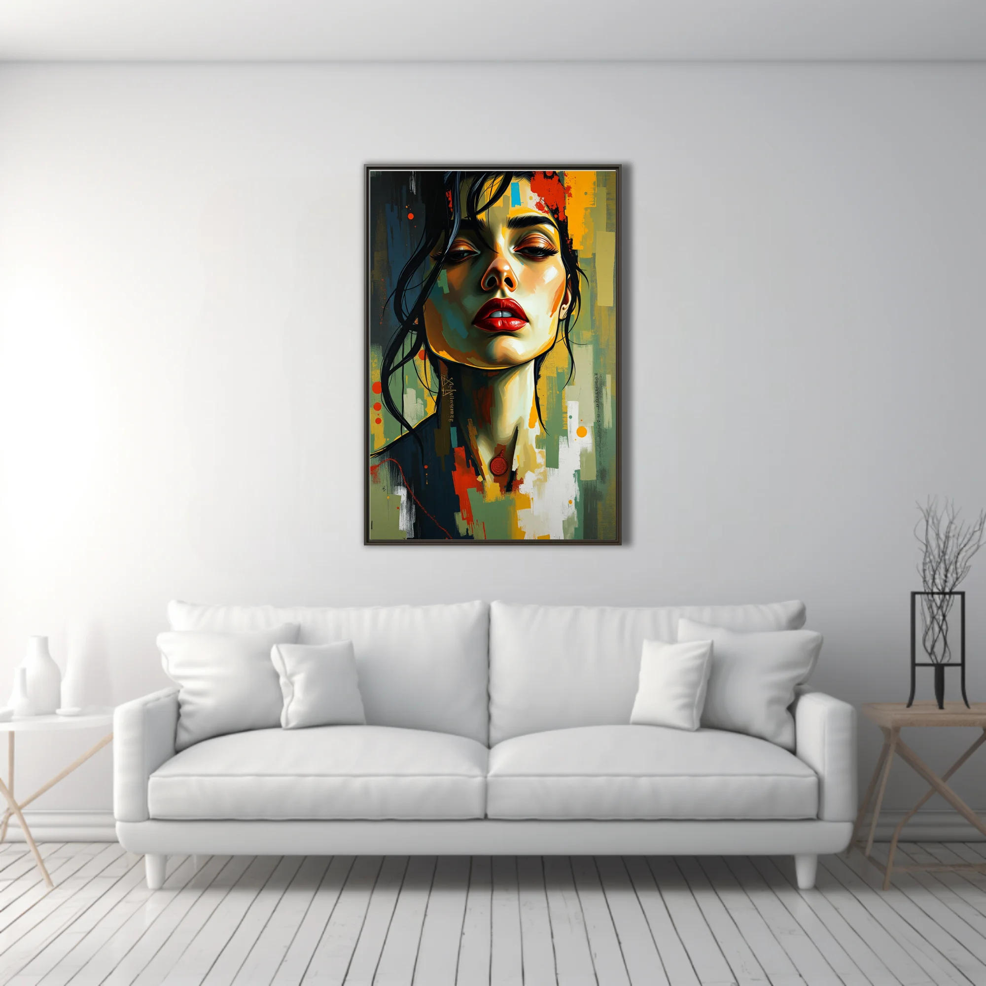 Bold contemporary portrait of a woman with red lips, painterly strokes and vivid color blocks