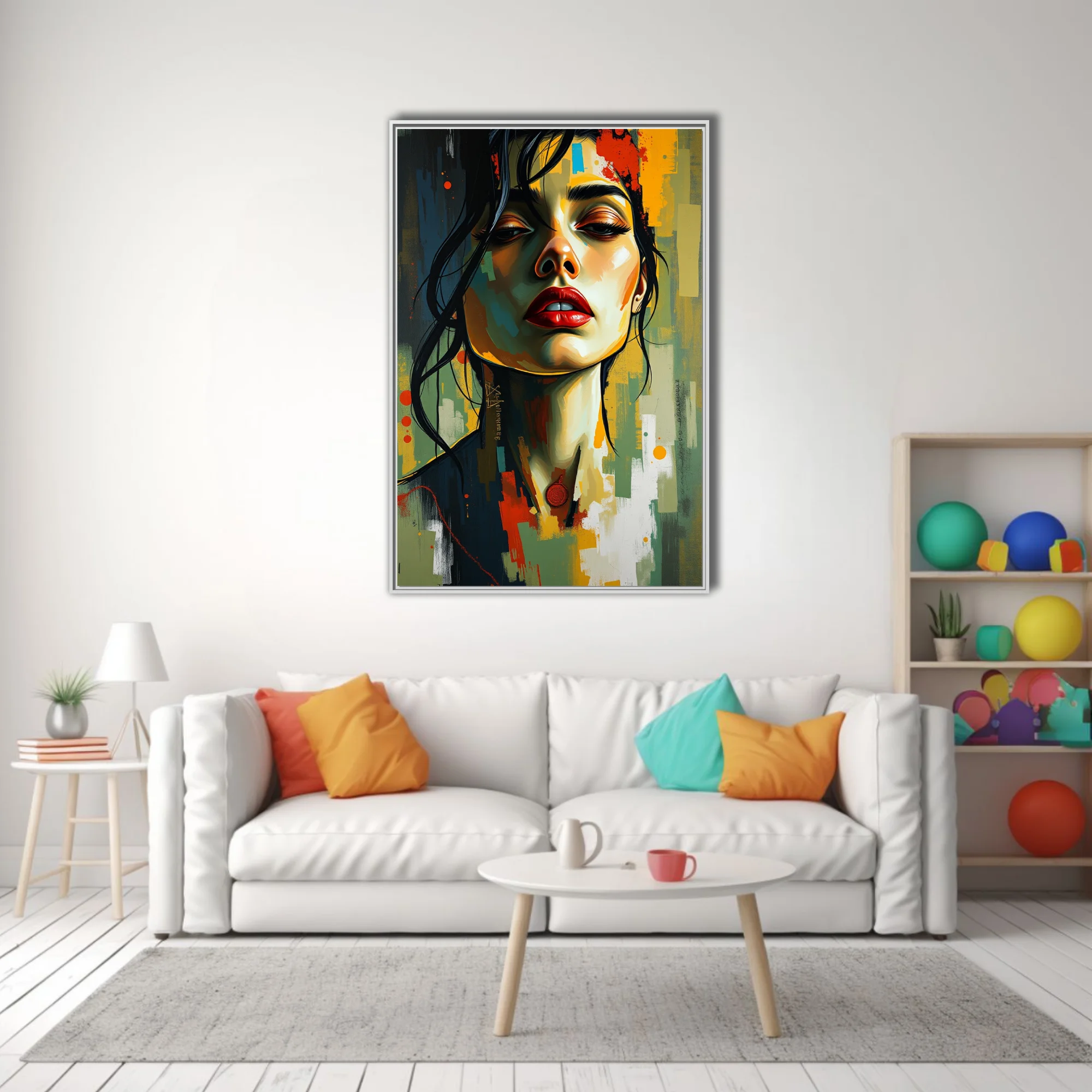 Bold contemporary portrait of a woman with red lips, painterly strokes and vivid color blocks