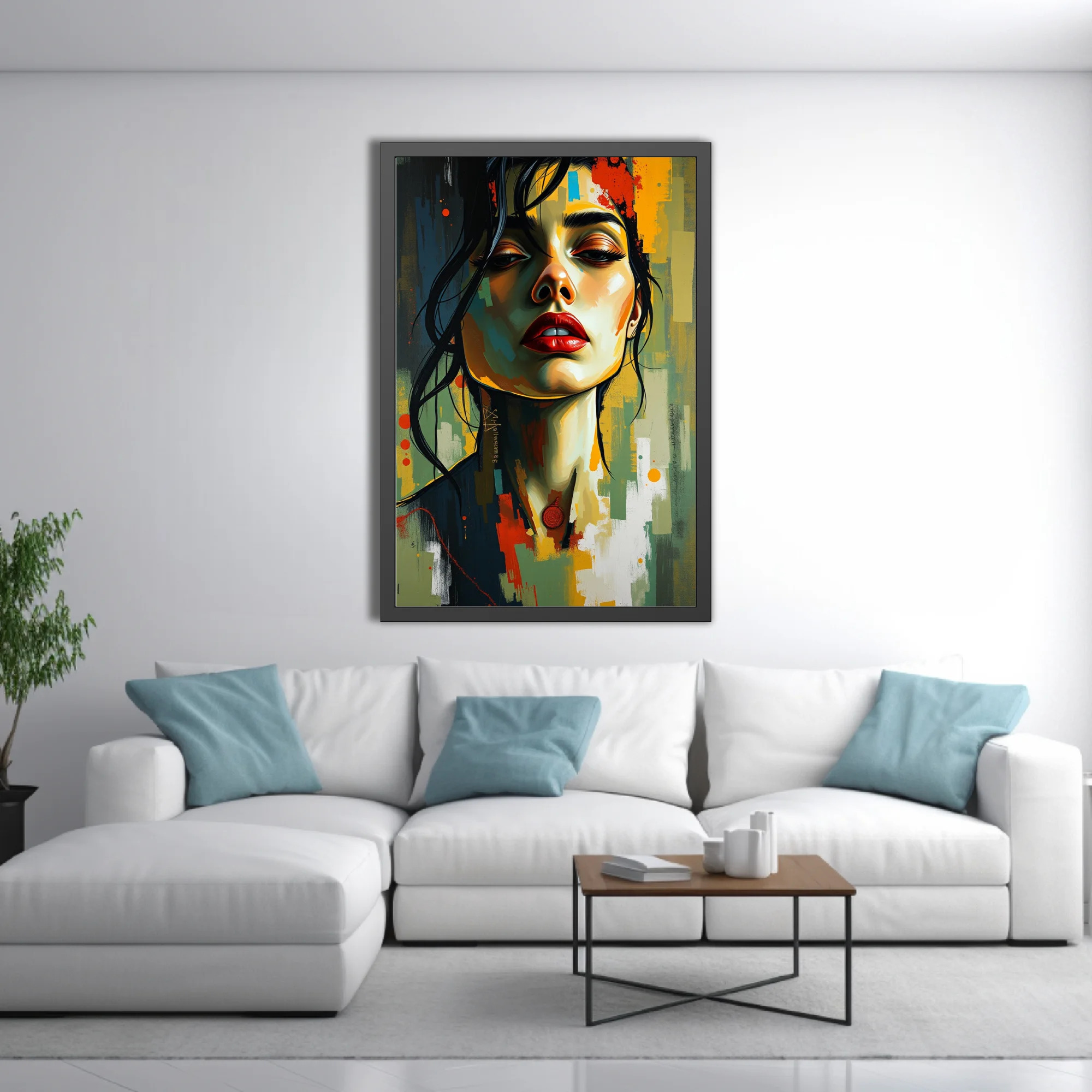 Bold contemporary portrait of a woman with red lips, painterly strokes and vivid color blocks