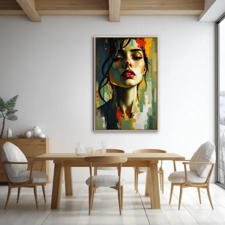 Bold contemporary portrait of a woman with red lips, painterly strokes and vivid color blocks