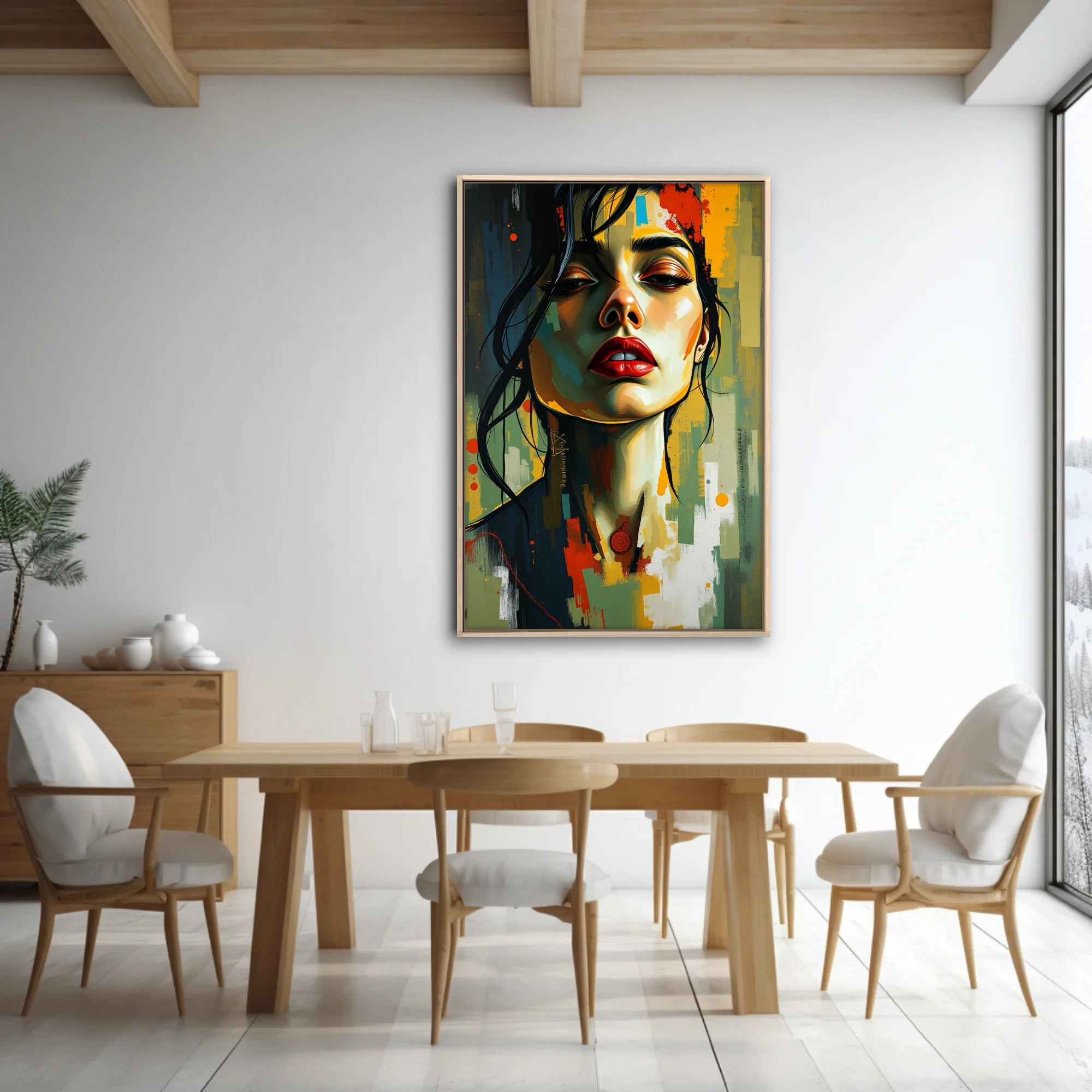 Bold contemporary portrait of a woman with red lips, painterly strokes and vivid color blocks