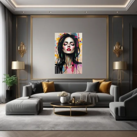 Bold-graphic street-art style female portrait, bold red lips, pink eyeshadow, colorful abstract background