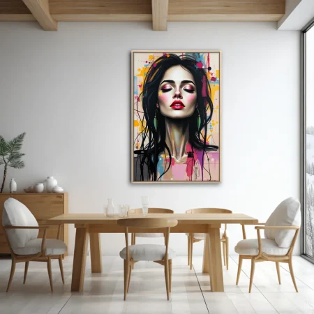 Bold-graphic street-art style female portrait, bold red lips, pink eyeshadow, colorful abstract background