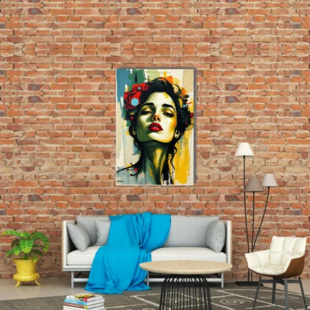 Bold expressive portrait of a woman with red lips and floral hair piece in mustard, crimson, and slate tones