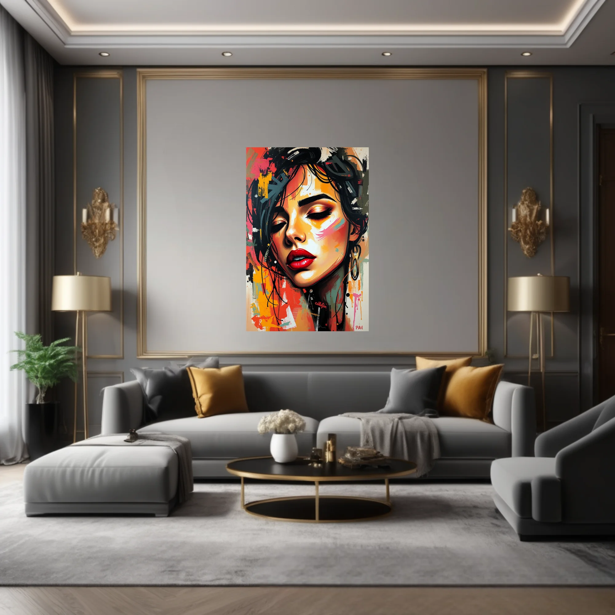 Graffiti-style portrait of a woman with red lips in fiery ochre, black, and pink urban strokes