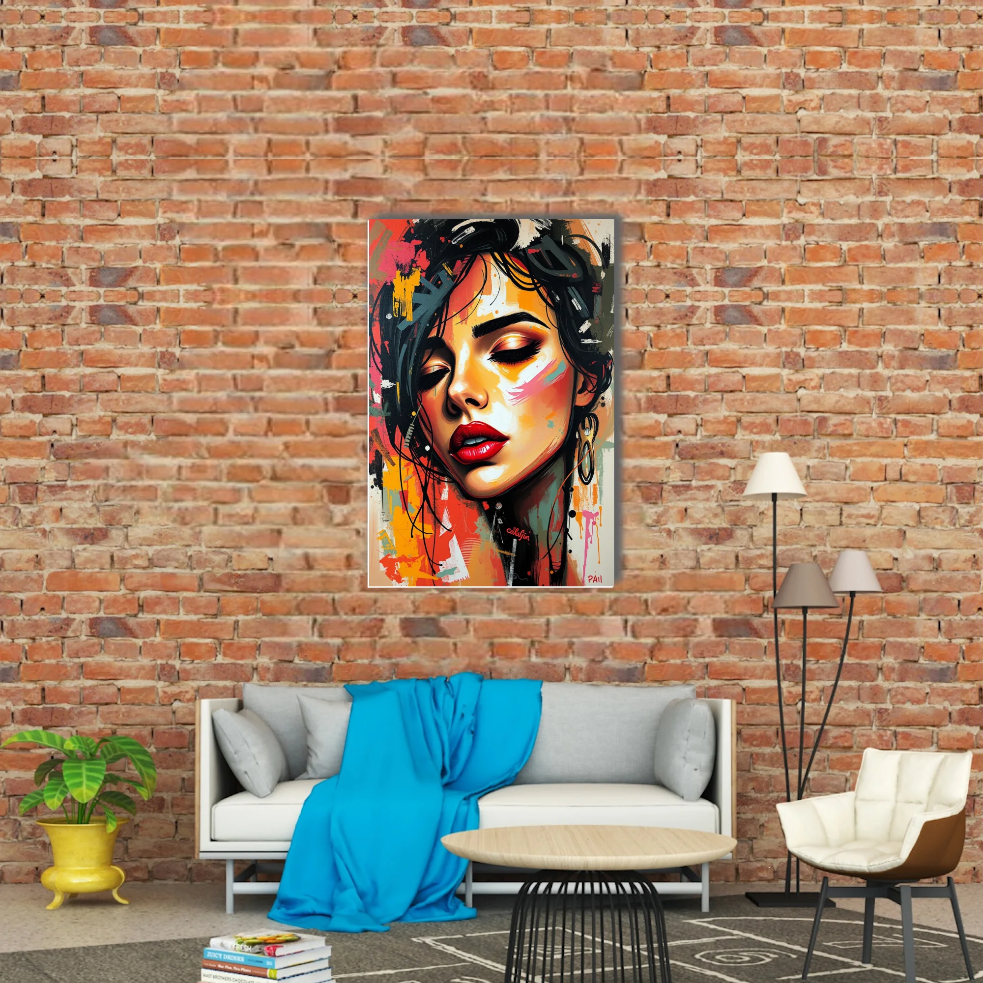 Graffiti-style portrait of a woman with red lips in fiery ochre, black, and pink urban strokes