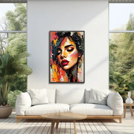 Graffiti-style portrait of a woman with red lips in fiery ochre, black, and pink urban strokes
