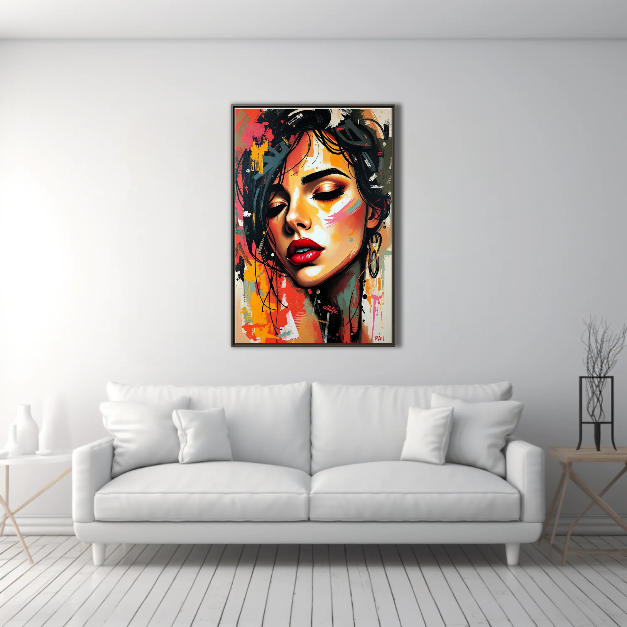 Graffiti-style portrait of a woman with red lips in fiery ochre, black, and pink urban strokes