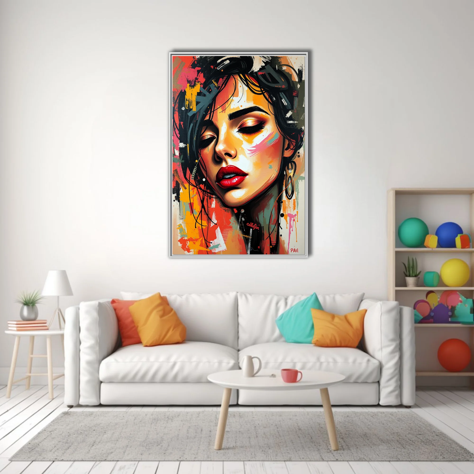 Graffiti-style portrait of a woman with red lips in fiery ochre, black, and pink urban strokes