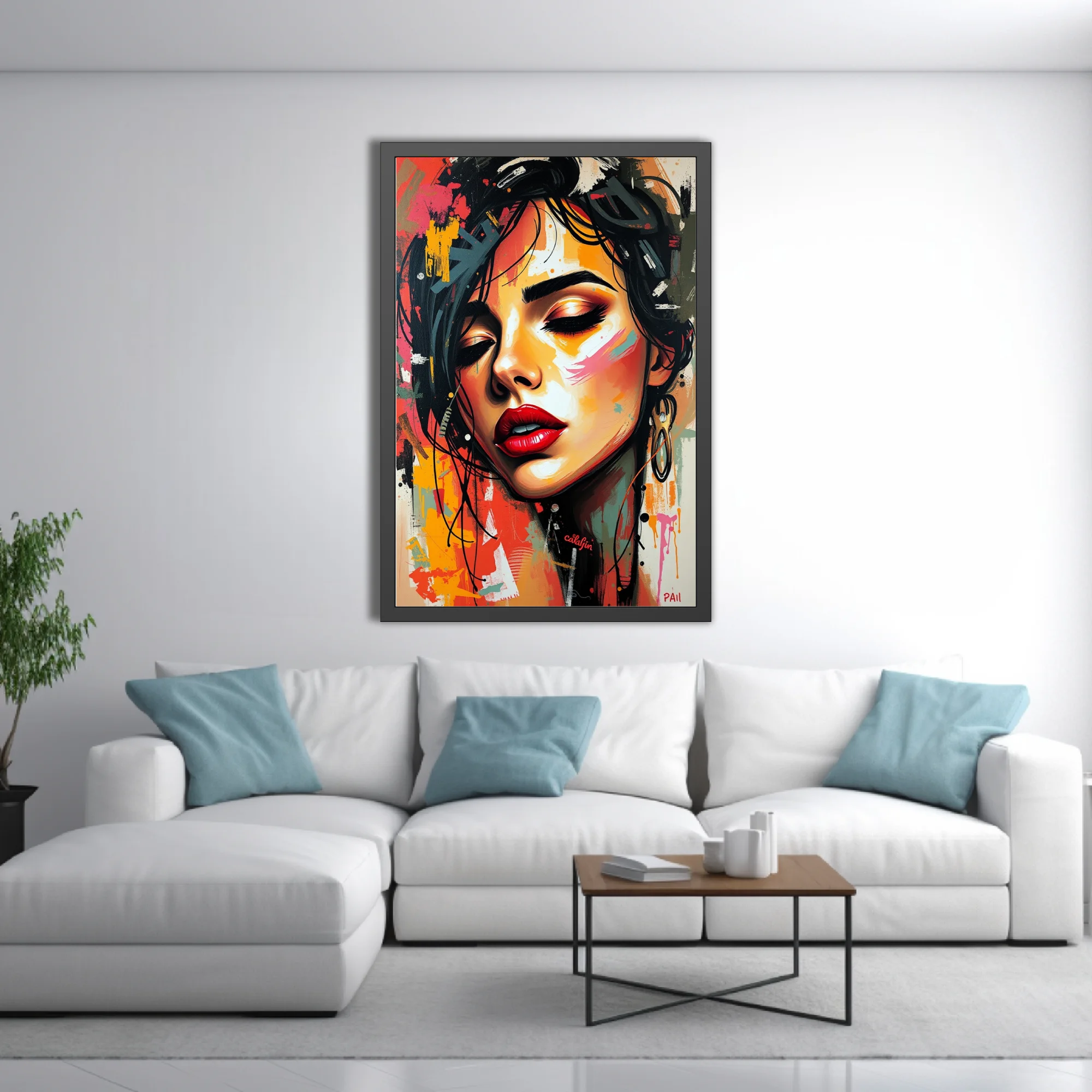 Graffiti-style portrait of a woman with red lips in fiery ochre, black, and pink urban strokes