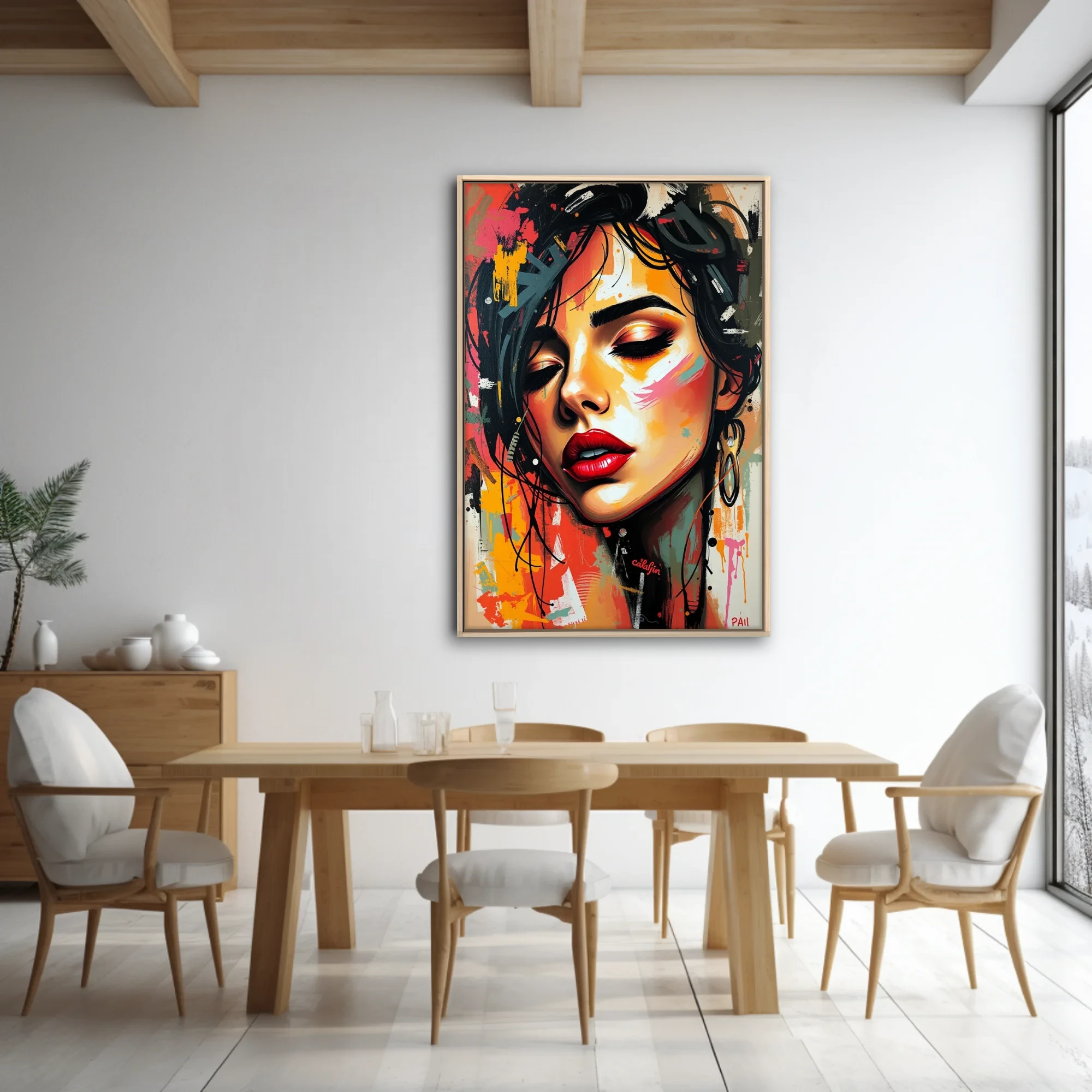 Graffiti-style portrait of a woman with red lips in fiery ochre, black, and pink urban strokes