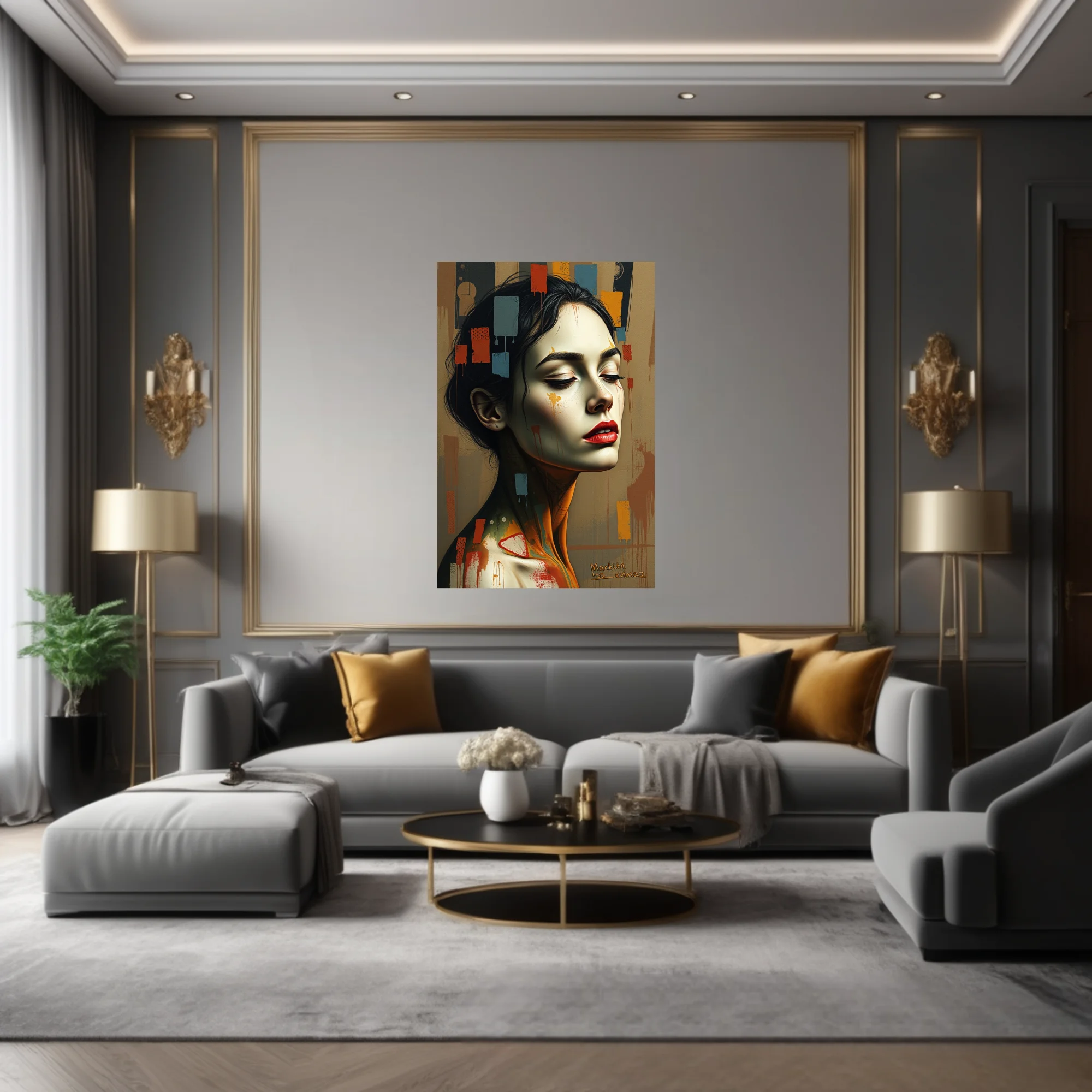 Expressive mixed-media woman portrait, earth tones, red lips, abstract color block overlays