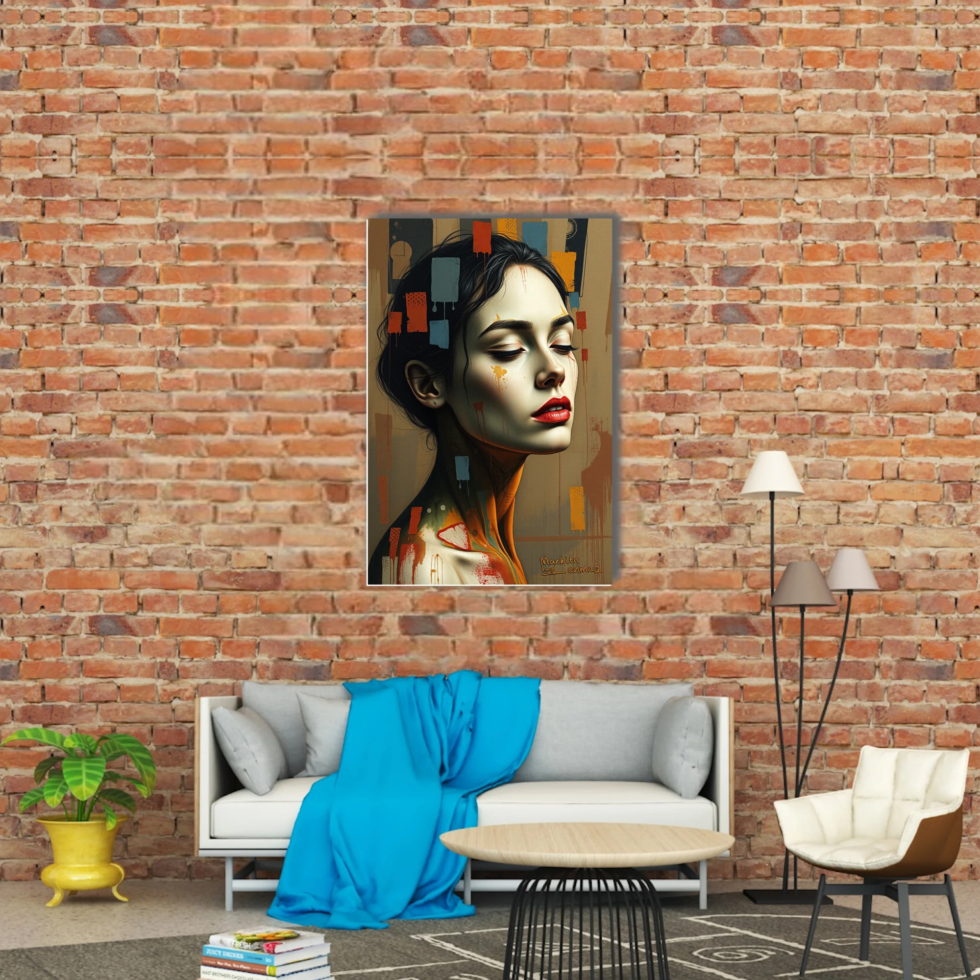 Expressive mixed-media woman portrait, earth tones, red lips, abstract color block overlays
