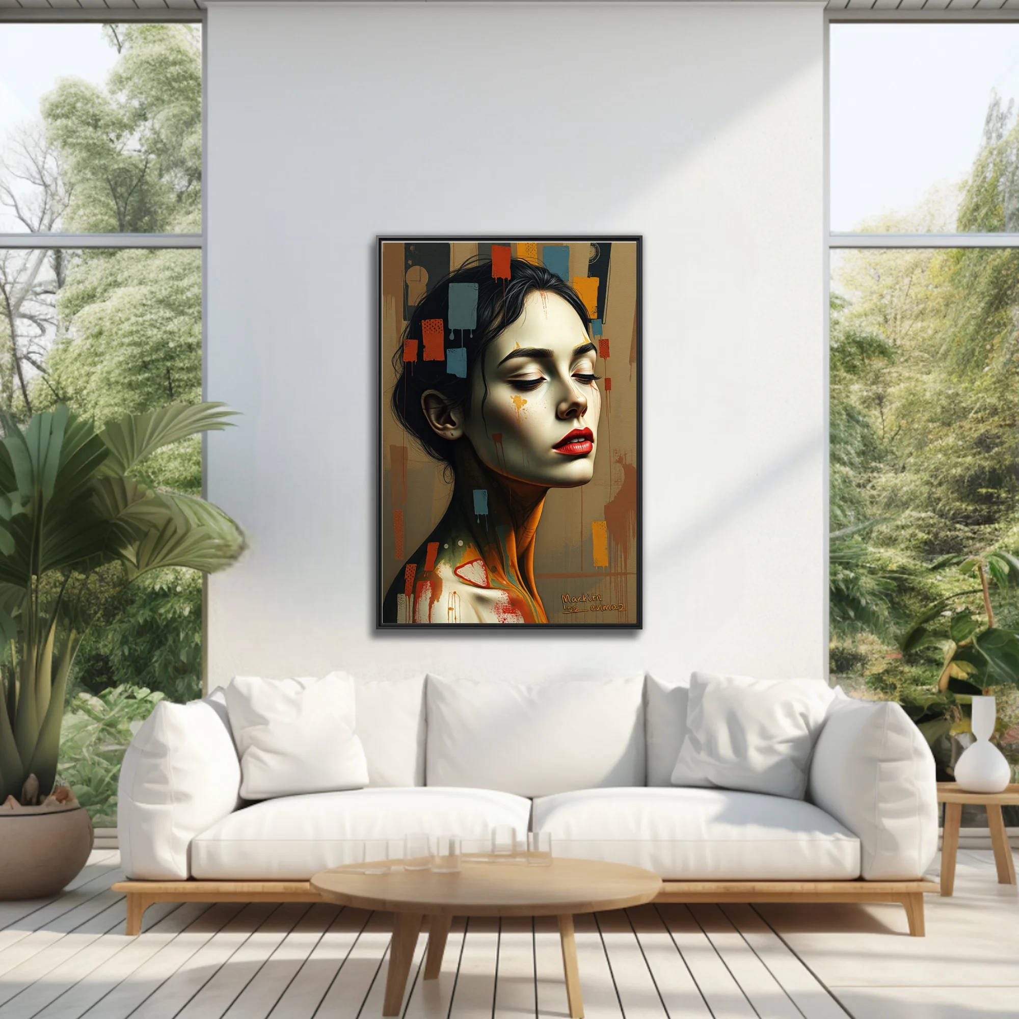 Expressive mixed-media woman portrait, earth tones, red lips, abstract color block overlays