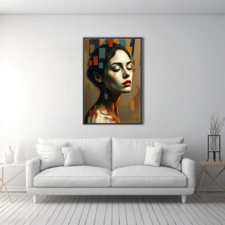 Expressive mixed-media woman portrait, earth tones, red lips, abstract color block overlays