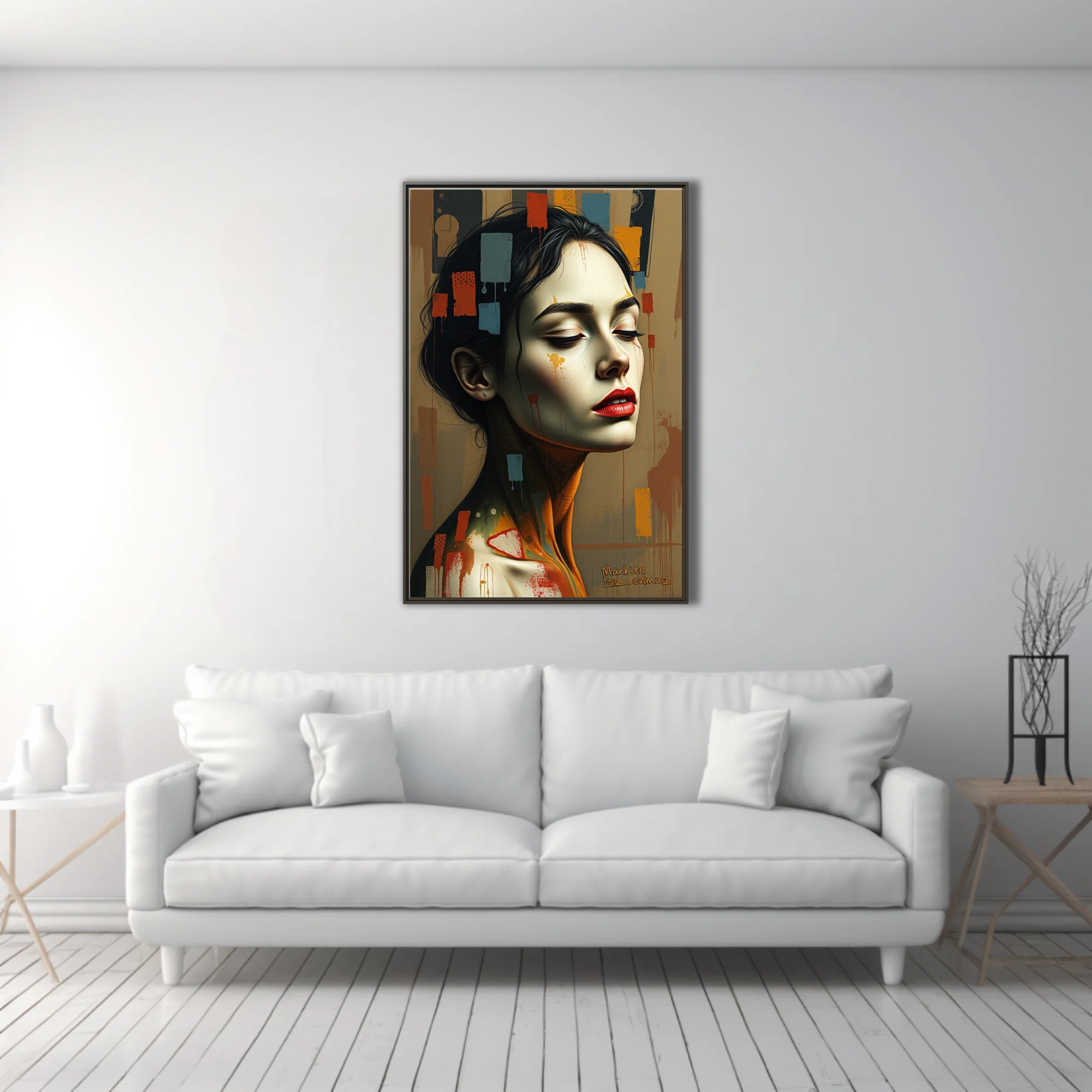 Expressive mixed-media woman portrait, earth tones, red lips, abstract color block overlays
