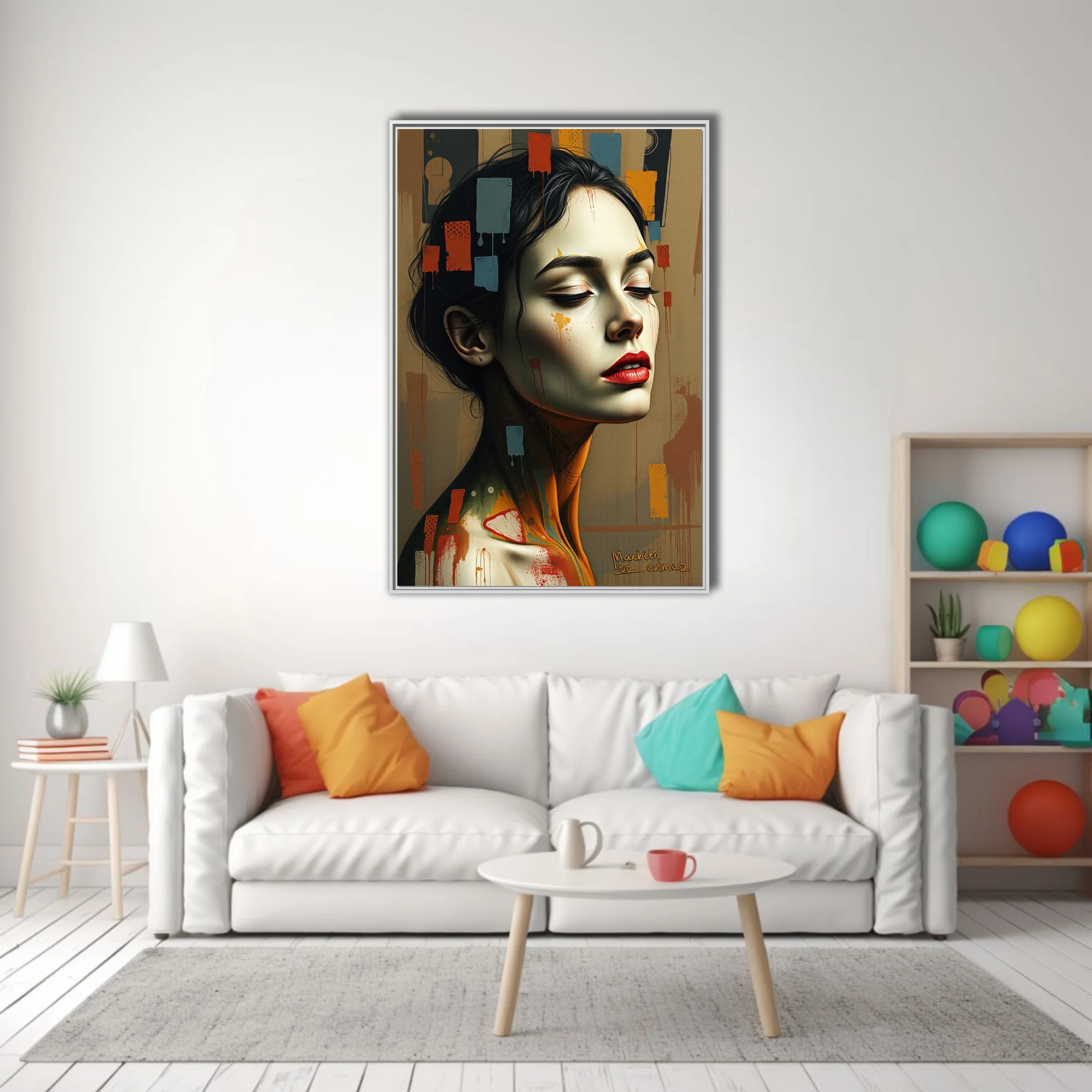 Expressive mixed-media woman portrait, earth tones, red lips, abstract color block overlays